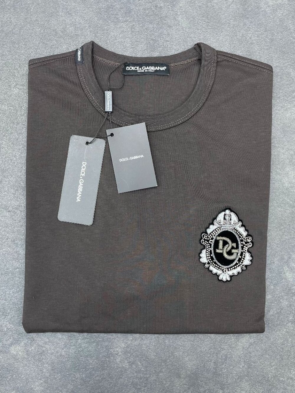 Dolce & Gabbana Men’s Brown DG Crest Logo Patch T-Shirt- Size 54 (XXL)